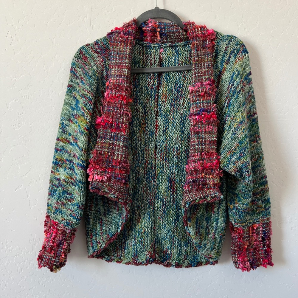 Hand Knit Cardigan Women Medium Multi-Color Eyelash Trim Open Front